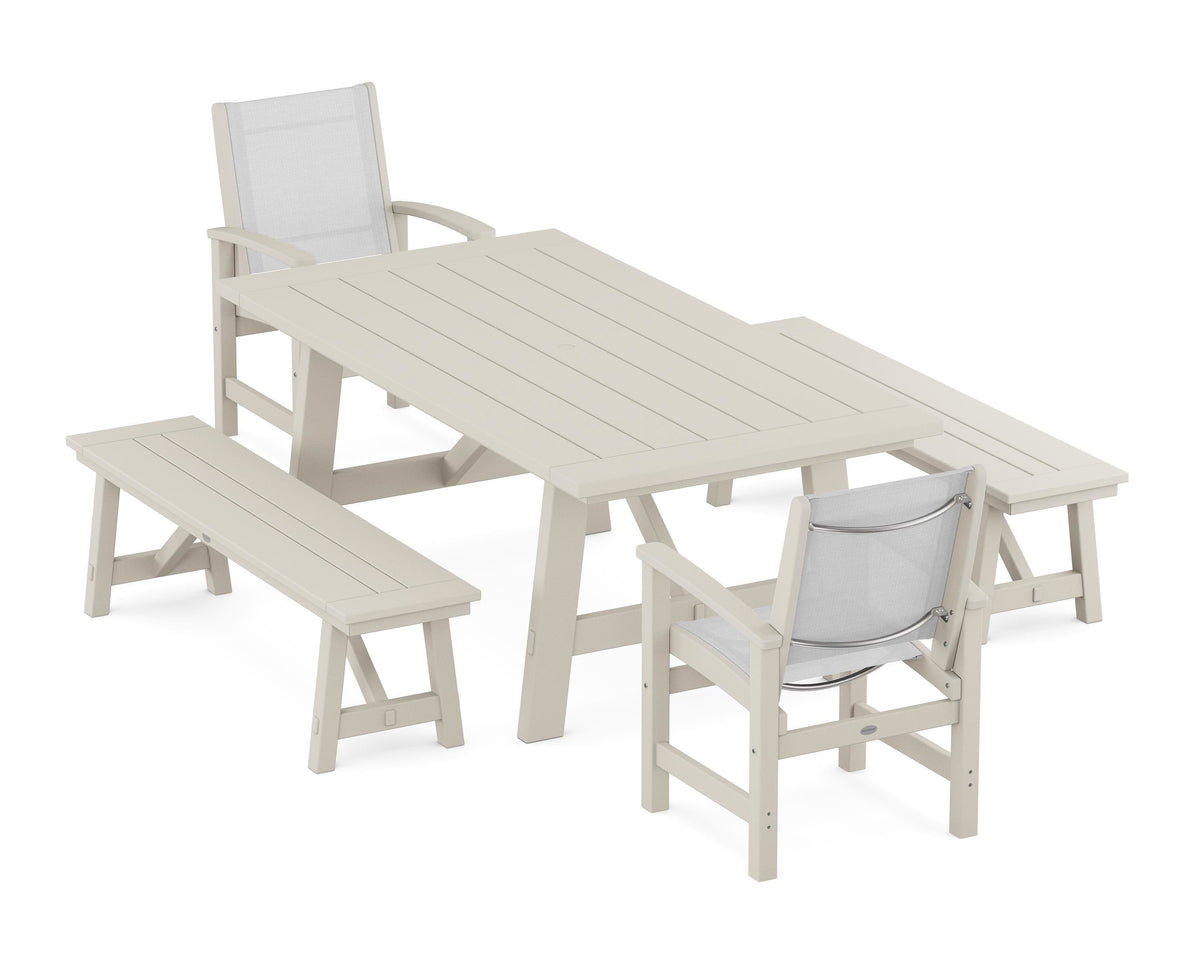 POLYWOOD Coastal 5-Piece Rustic Farmhouse Dining Set With Benches in Sand / White