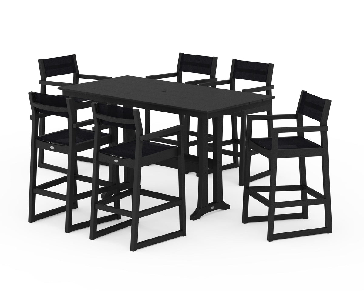 POLYWOOD EDGE Sling Arm Chair 7-Piece Farmhouse Bar Set with Trestle Legs in Black / Black