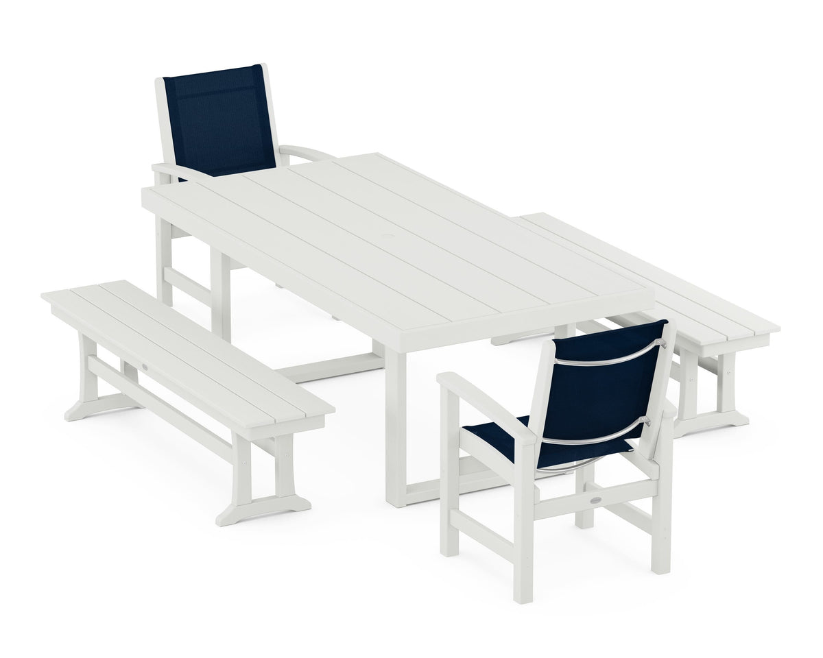 POLYWOOD Coastal 5-Piece Dining Set with Trestle Legs with EDGE 40" x 78" Dining Table in Vintage White / Navy Blue