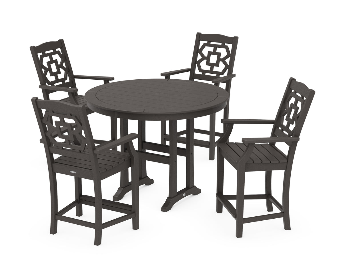POLYWOOD Chinoiserie 5-Piece Round Counter Set in Vintage Coffee