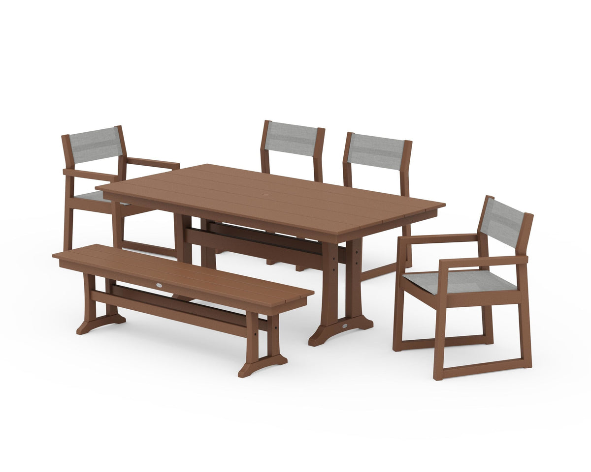 POLYWOOD EDGE Sling 6-Piece Farmhouse Dining Set With Trestle Legs in Teak / Metallic