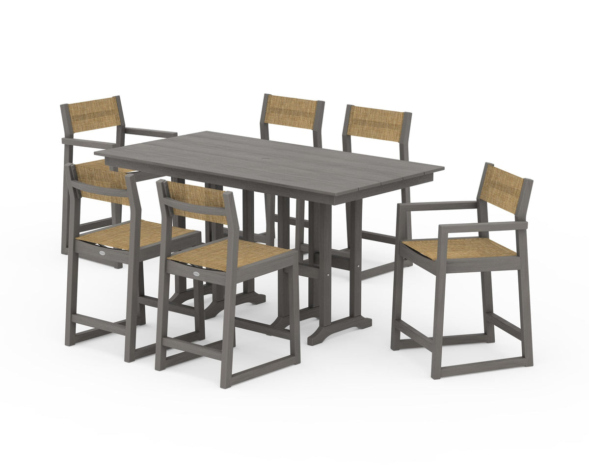POLYWOOD EDGE Sling 7-Piece Farmhouse Counter Set with Trestle Legs in Driftwood / Burlap