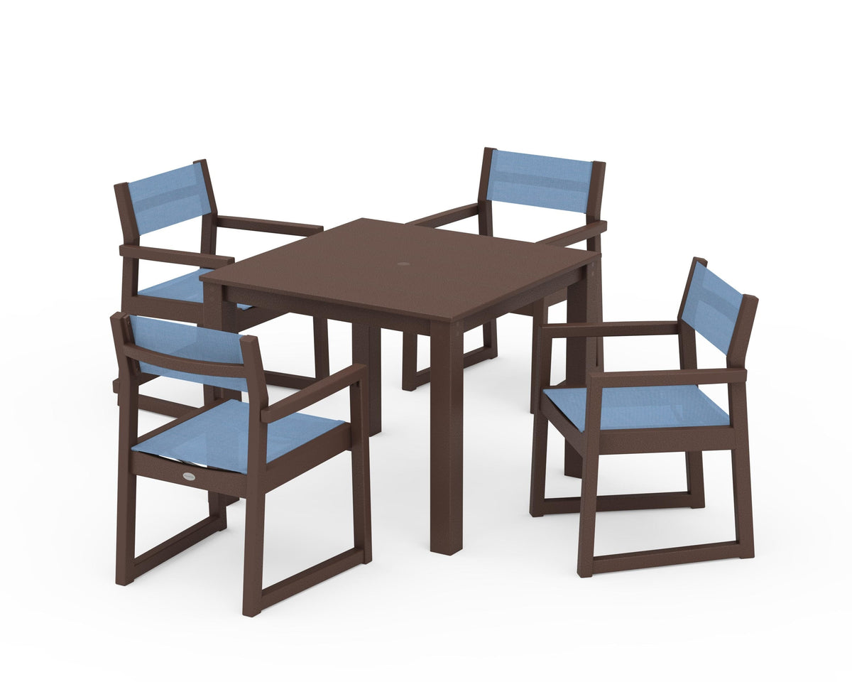 POLYWOOD EDGE Sling Arm Chair 5-Piece Parsons Dining Set in Mahogany / Poolside