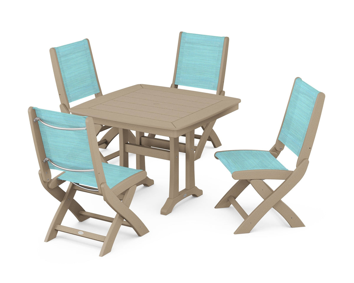 POLYWOOD Coastal Folding Side Chair 5-Piece Dining Set with Trestle Legs in Vintage Sahara / Dupioni Aquamarine