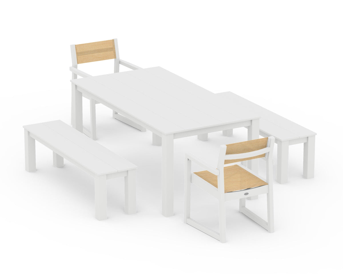POLYWOOD EDGE Sling Arm Chair 5-Piece Parsons Dining Set with Benches in White / Dupioni Apricot