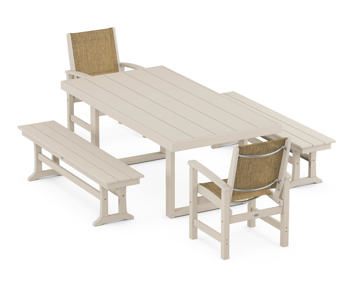 POLYWOOD Coastal 5-Piece Dining Set with Trestle Legs with EDGE 40" x 78" Dining Table in Sand / Burlap