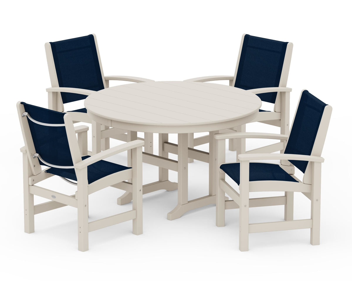 POLYWOOD Coastal 5-Piece Round Farmhouse Dining Set in Sand / Navy Blue