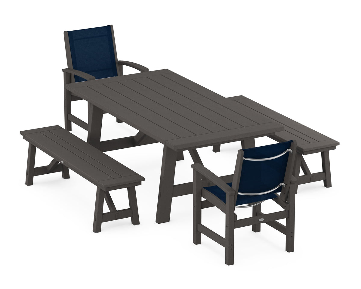 POLYWOOD Coastal 5-Piece Rustic Farmhouse Dining Set With Benches in Vintage Coffee / Navy Blue