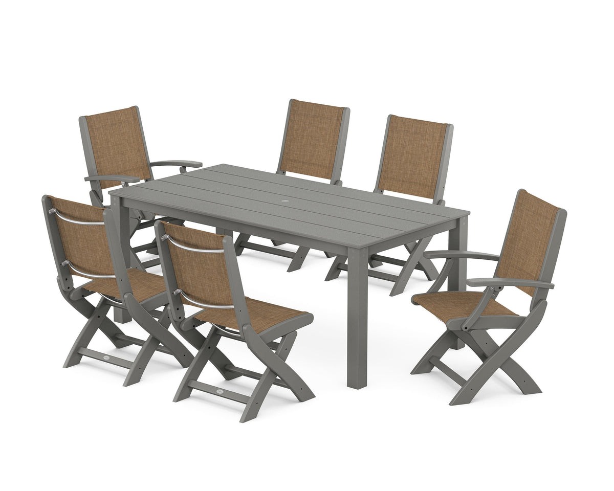 POLYWOOD Coastal Folding Chair 7-Piece Parsons Dining Set with Coastal Folding Side Chair in Slate Grey / Burlap