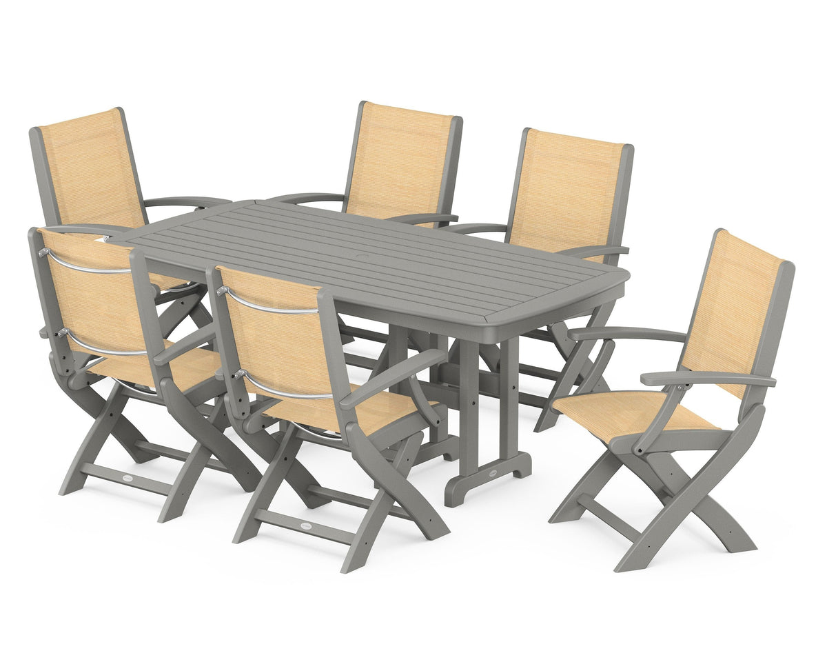 POLYWOOD Coastal Folding Arm Chair 7-Piece Dining Set in Slate Grey / Dupioni Apricot