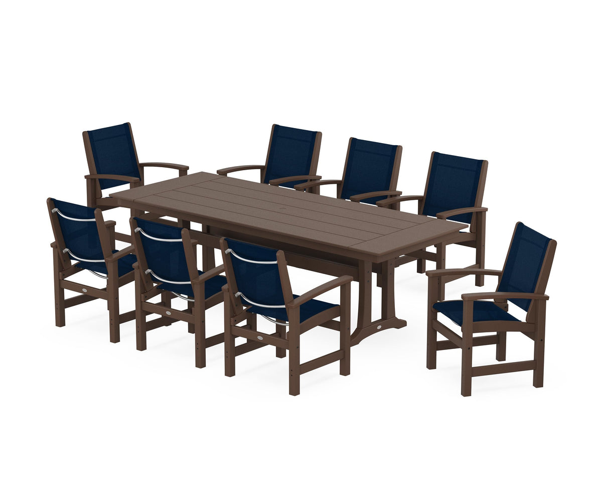 POLYWOOD Coastal 9-Piece Farmhouse Dining Set with Trestle Legs in Mahogany / Navy Blue