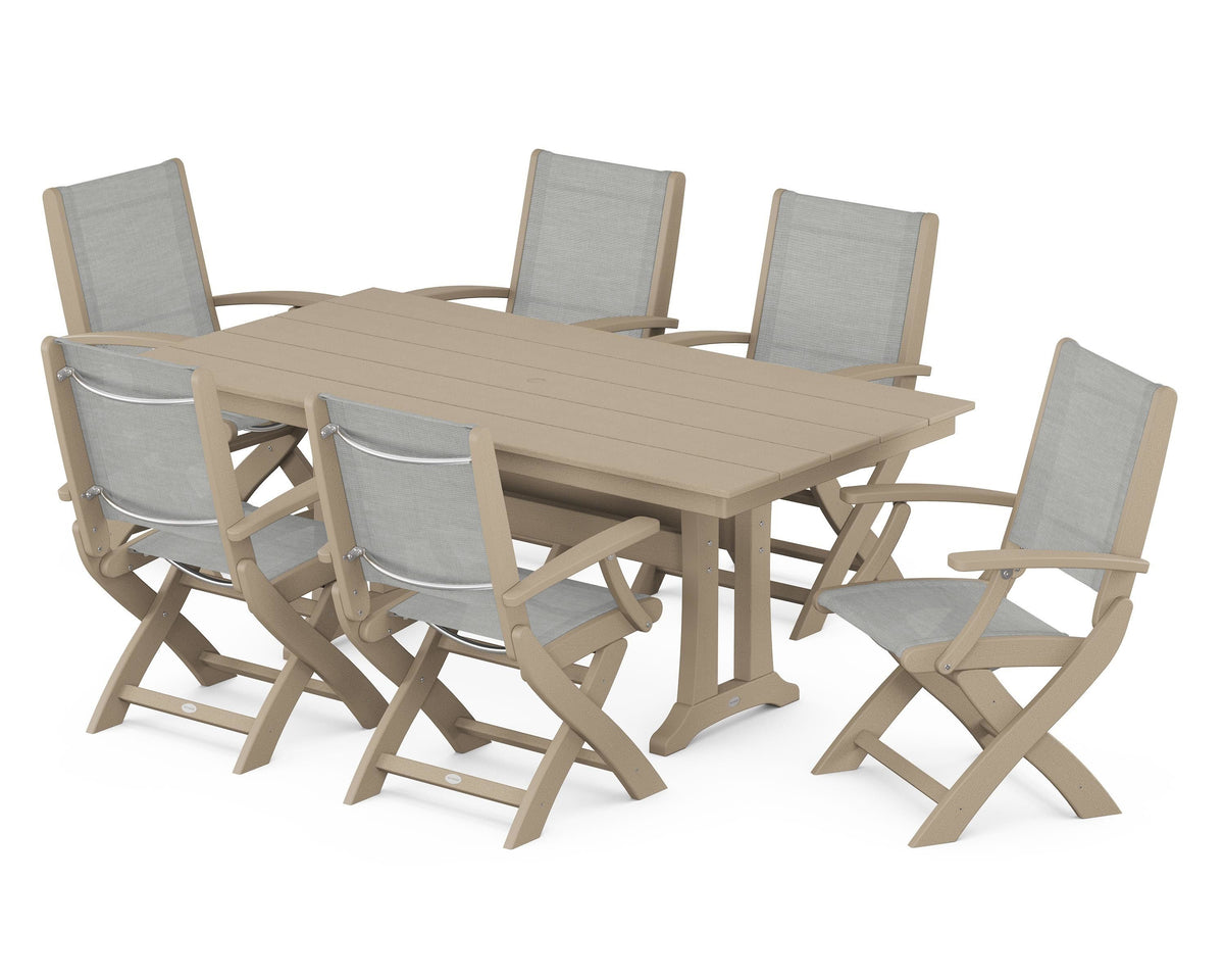 POLYWOOD Coastal Folding Arm Chair 7-Piece Farmhouse Dining Set with Trestle Legs in Vintage Sahara / Metallic