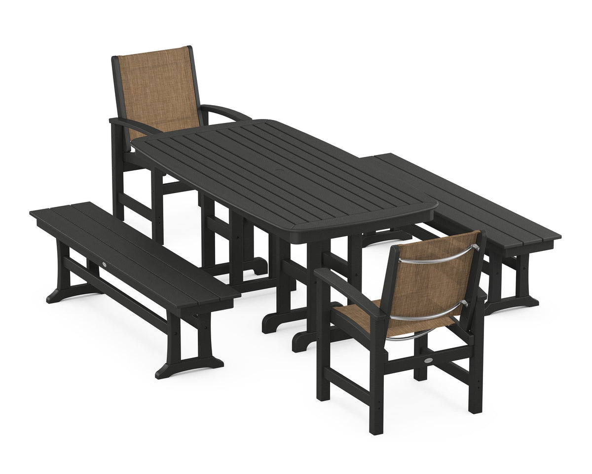 POLYWOOD Coastal 5-Piece Dining Set with Nautical 37" x 72" Dining Table in Black / Burlap
