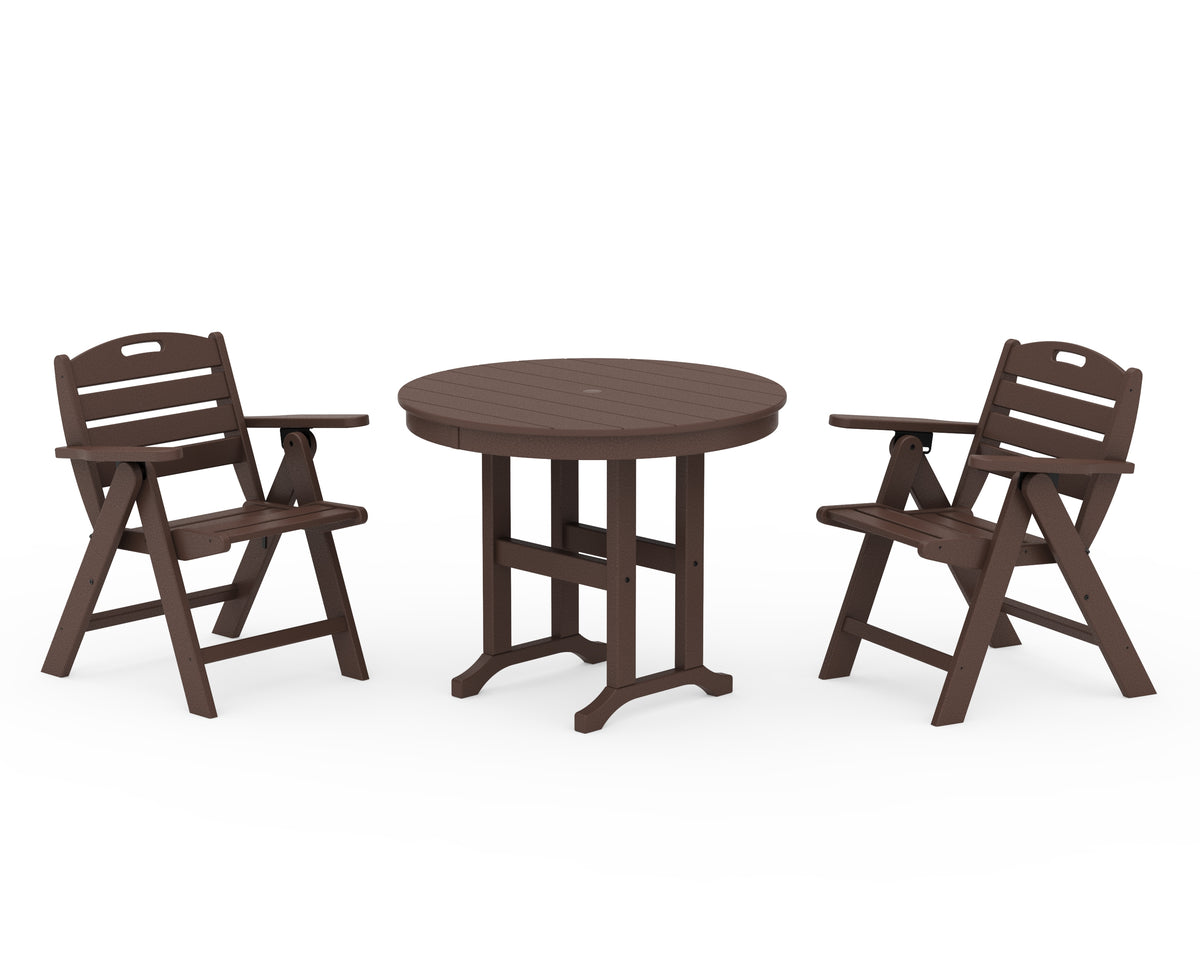 POLYWOOD Nautical Folding Lowback Chair 3-Piece Round Dining Set in Mahogany