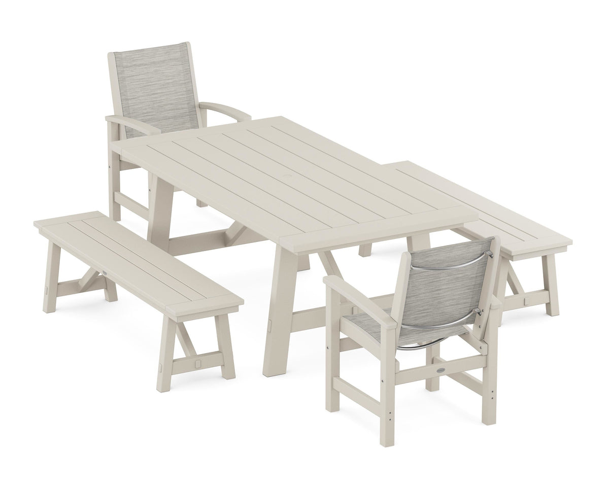 POLYWOOD Coastal 5-Piece Rustic Farmhouse Dining Set With Benches in Sand / Birch
