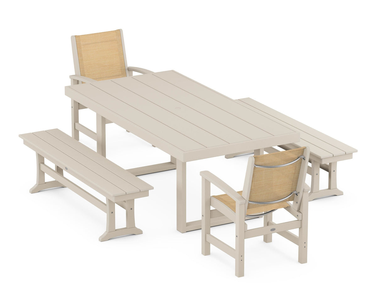 POLYWOOD Coastal 5-Piece Dining Set with Trestle Legs with EDGE 40" x 78" Dining Table in Sand / Dupioni Apricot