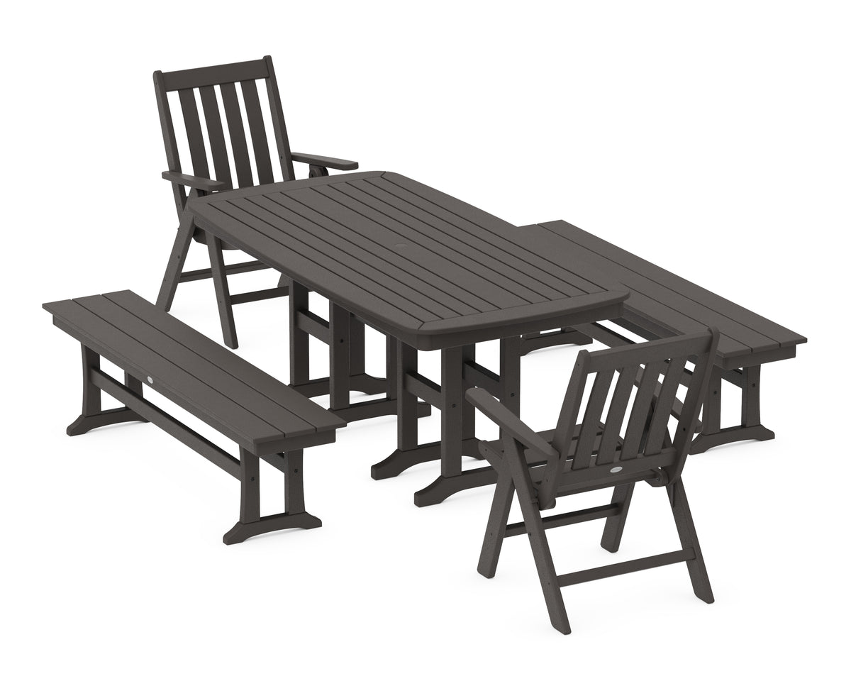 POLYWOOD Vineyard Folding Chair 6-Piece Dining Set with Benches in Vintage Coffee