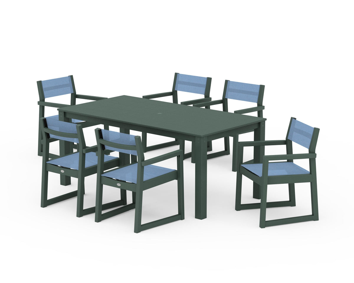 POLYWOOD EDGE Sling Arm Chair 7-Piece Parsons Dining Set in Green / Poolside