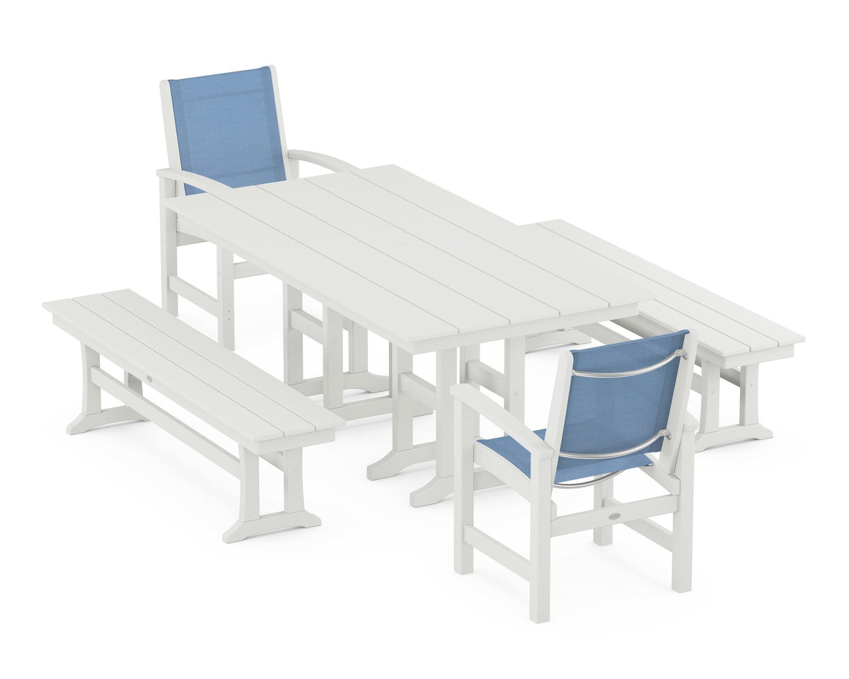 POLYWOOD Coastal 5-Piece Farmhouse Dining Set with Farmhouse 37" x 72" Dining Table in Vintage White / Poolside