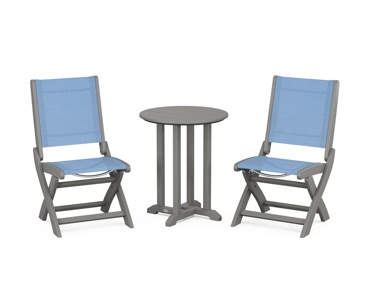 POLYWOOD Coastal Folding Side Chair 3-Piece Round Bistro Dining Set in Slate Grey / Poolside