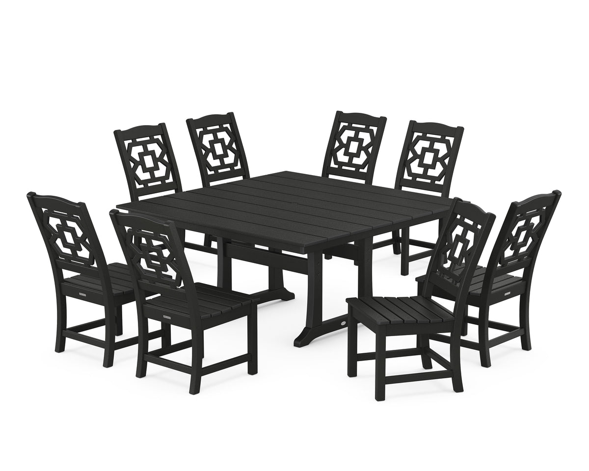 POLYWOOD Chinoiserie 9-Piece Square Farmhouse Side Chair Dining Set with Trestle Legs in Black