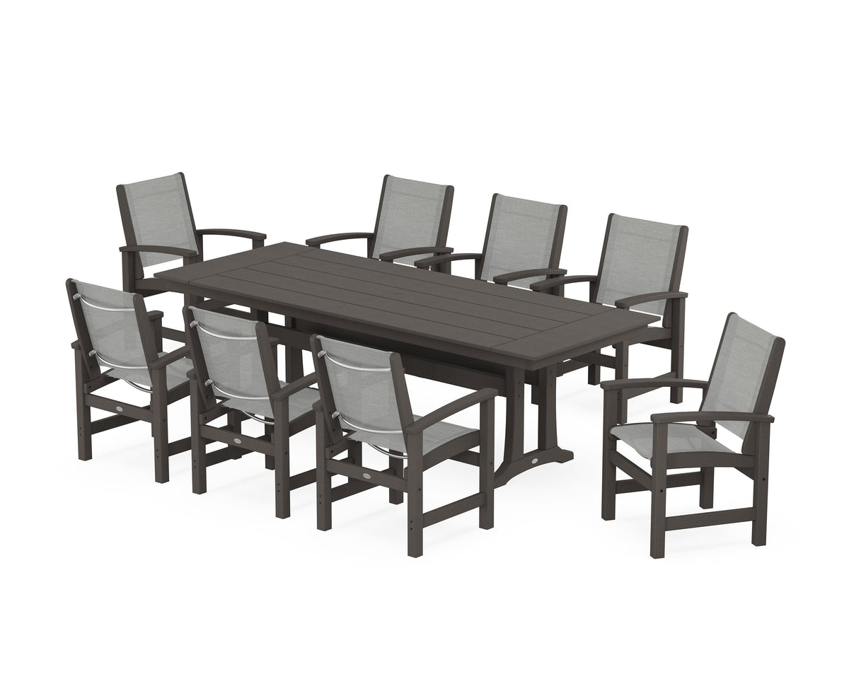 POLYWOOD Coastal 9-Piece Farmhouse Dining Set with Trestle Legs in Vintage Coffee / Metallic