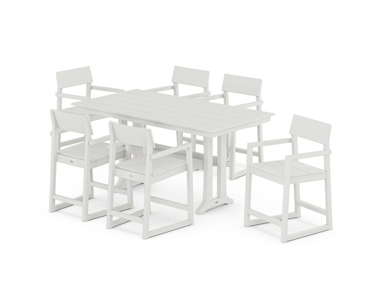 POLYWOOD EDGE Arm Chair 7-Piece Farmhouse Counter Set with Trestle Legs in Vintage White