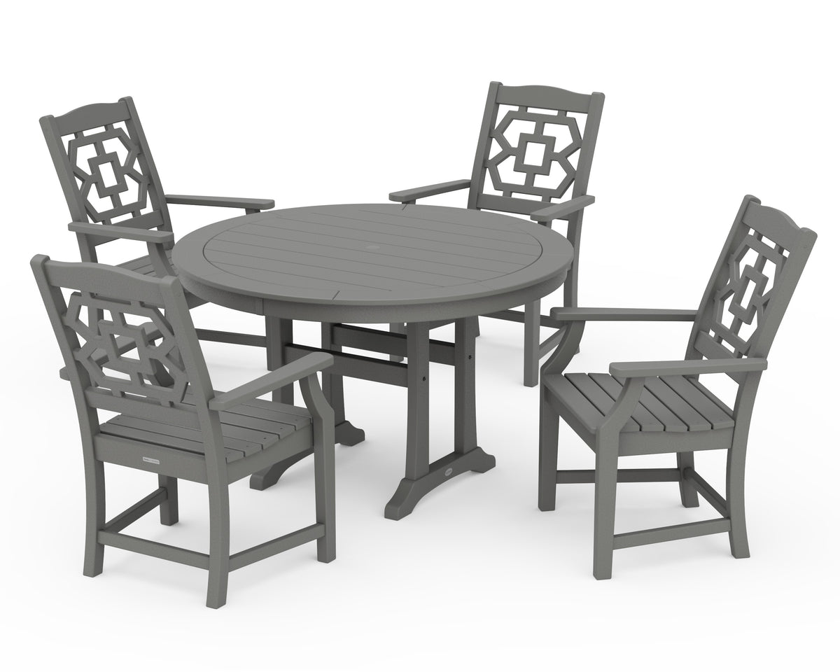 POLYWOOD Chinoiserie 5-Piece Round Dining Set with Trestle Legs in Slate Grey