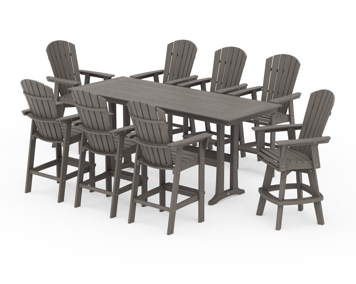 POLYWOOD Nautical Curveback Adirondack Swivel Chair 9-Piece Farmhouse Bar Set with Trestle Legs in Driftwood