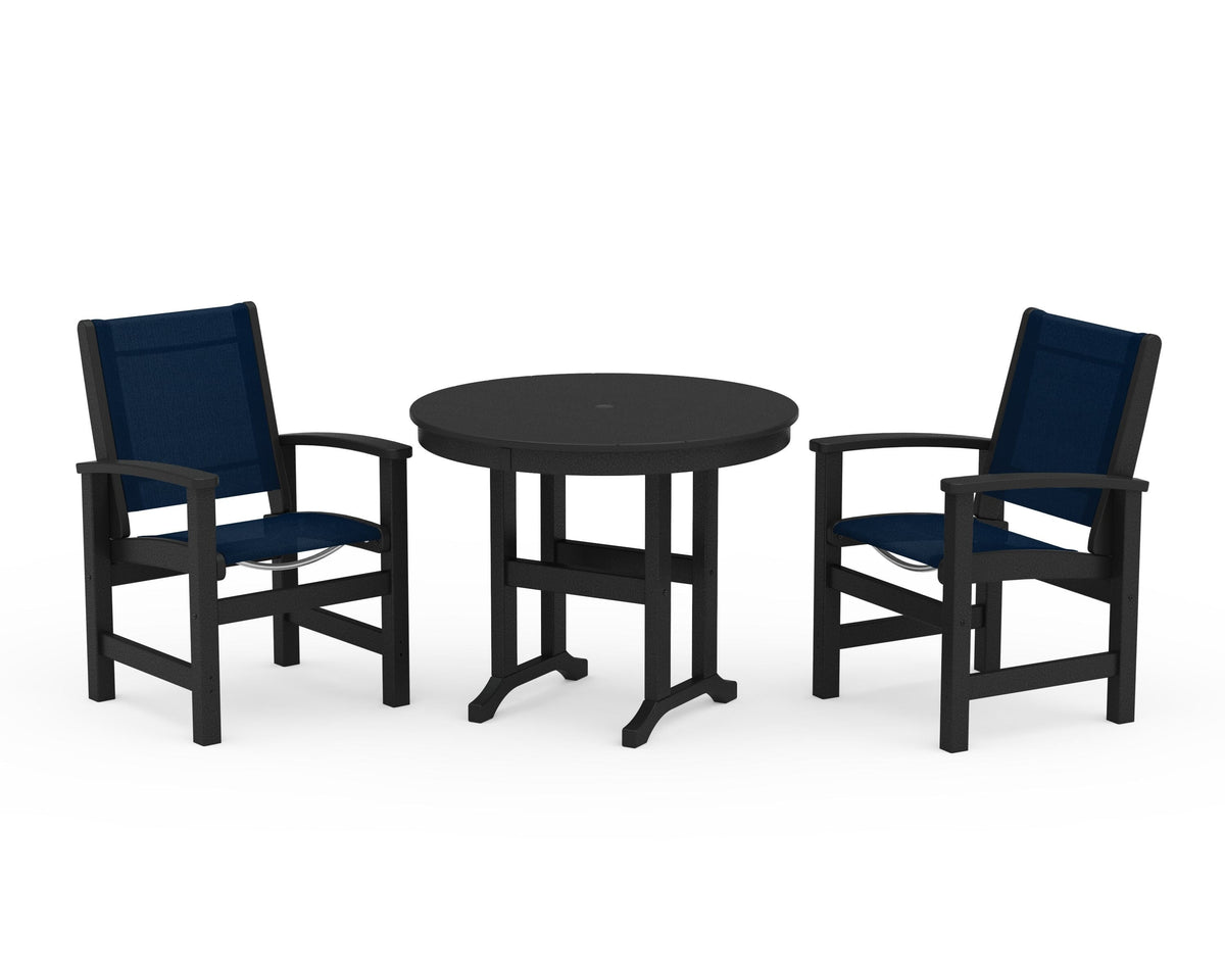 POLYWOOD Coastal 3-Piece Round Dining Set in Black / Navy Blue