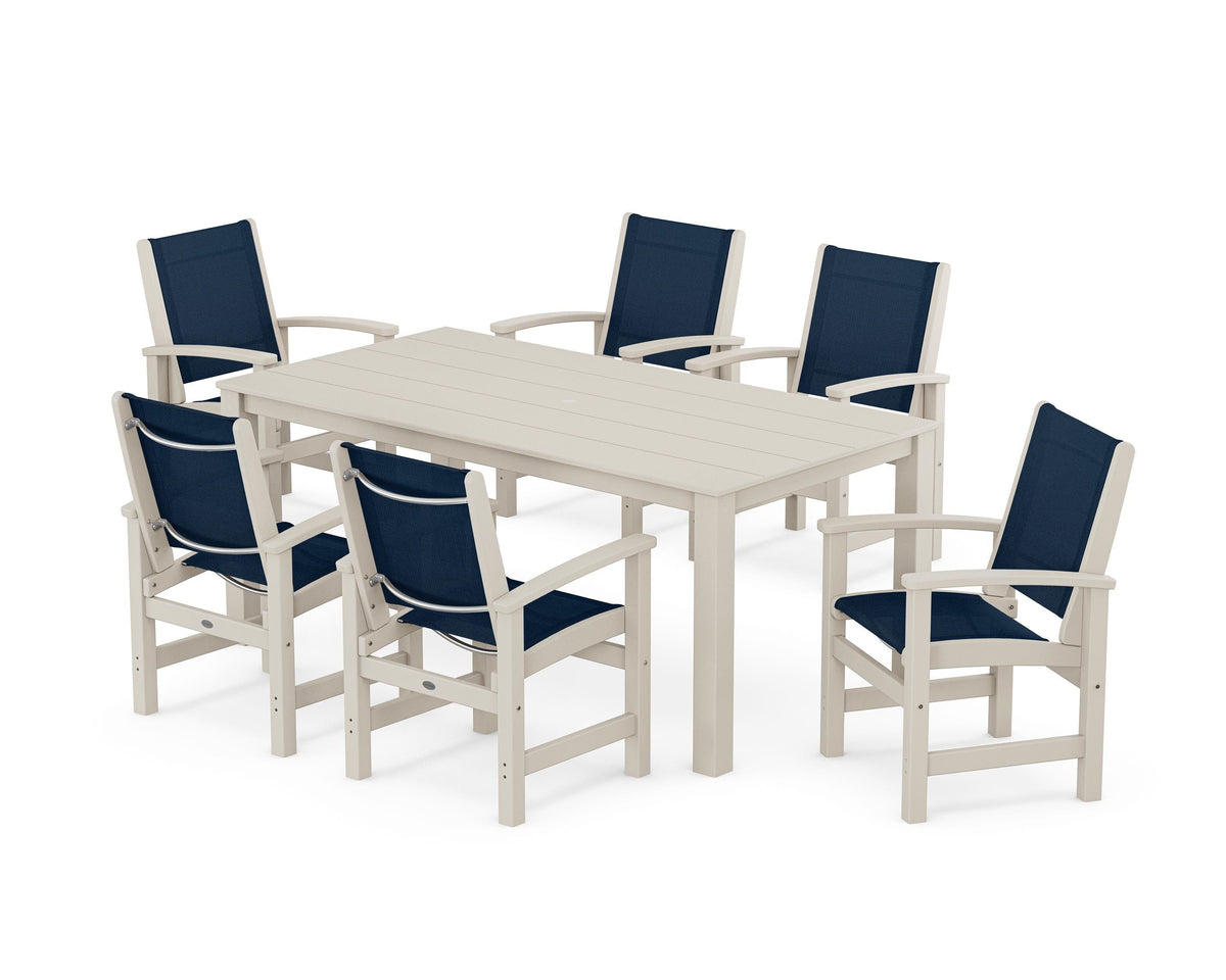 POLYWOOD Coastal 7-Piece Parsons Dining Set in Sand / Navy Blue