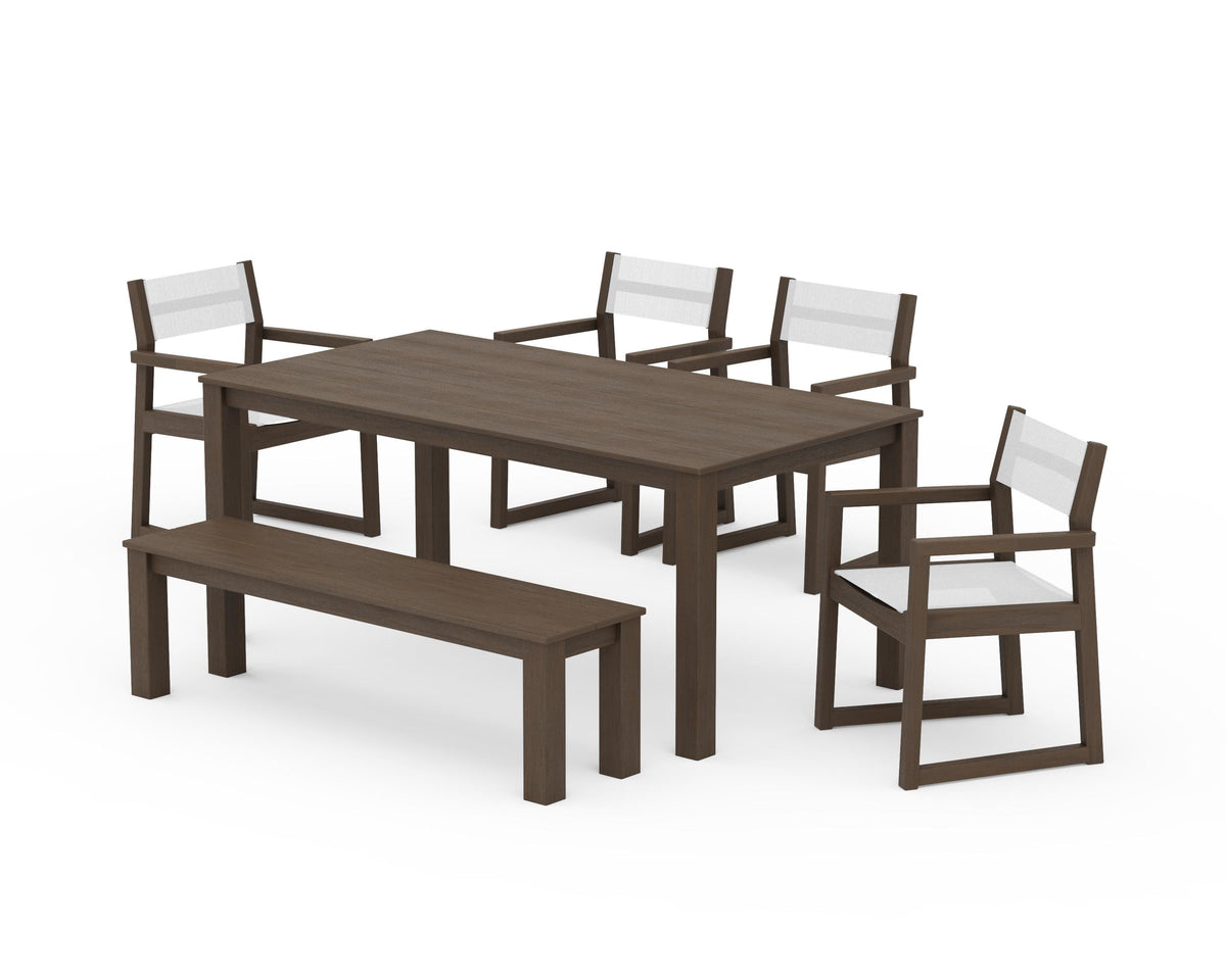 POLYWOOD EDGE Sling Arm Chair 6-Piece Parsons Dining Set with Bench in Kona / White