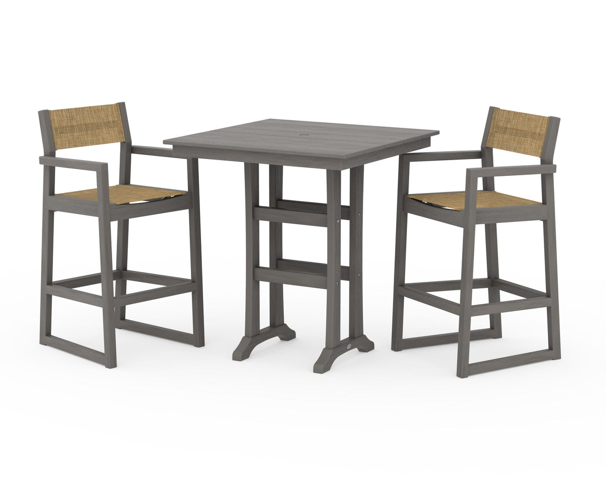 POLYWOOD EDGE Sling Arm Chair 3-Piece Farmhouse Bar Set with Trestle Legs in Driftwood / Burlap