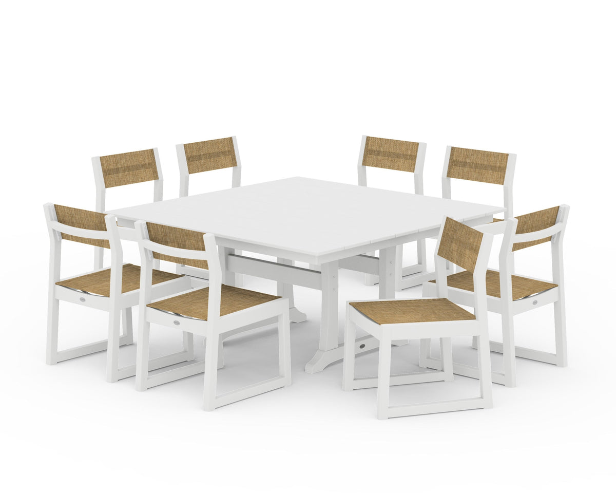 POLYWOOD EDGE Sling Side Chair 9-Piece Farmhouse Trestle Dining Set in White / Burlap