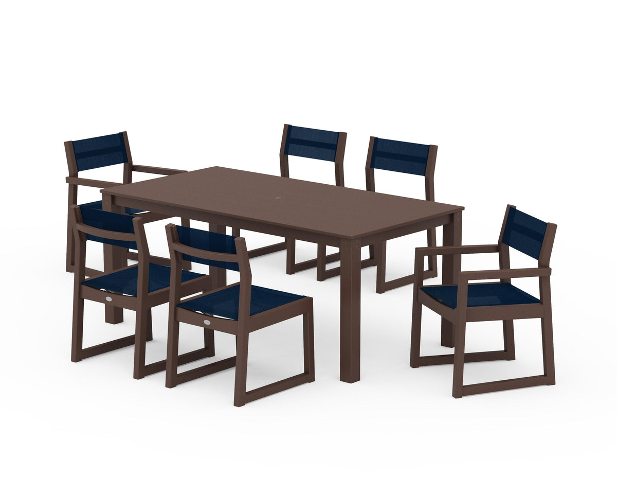 POLYWOOD EDGE Sling 7-Piece Parsons Dining Set in Mahogany / Navy Blue