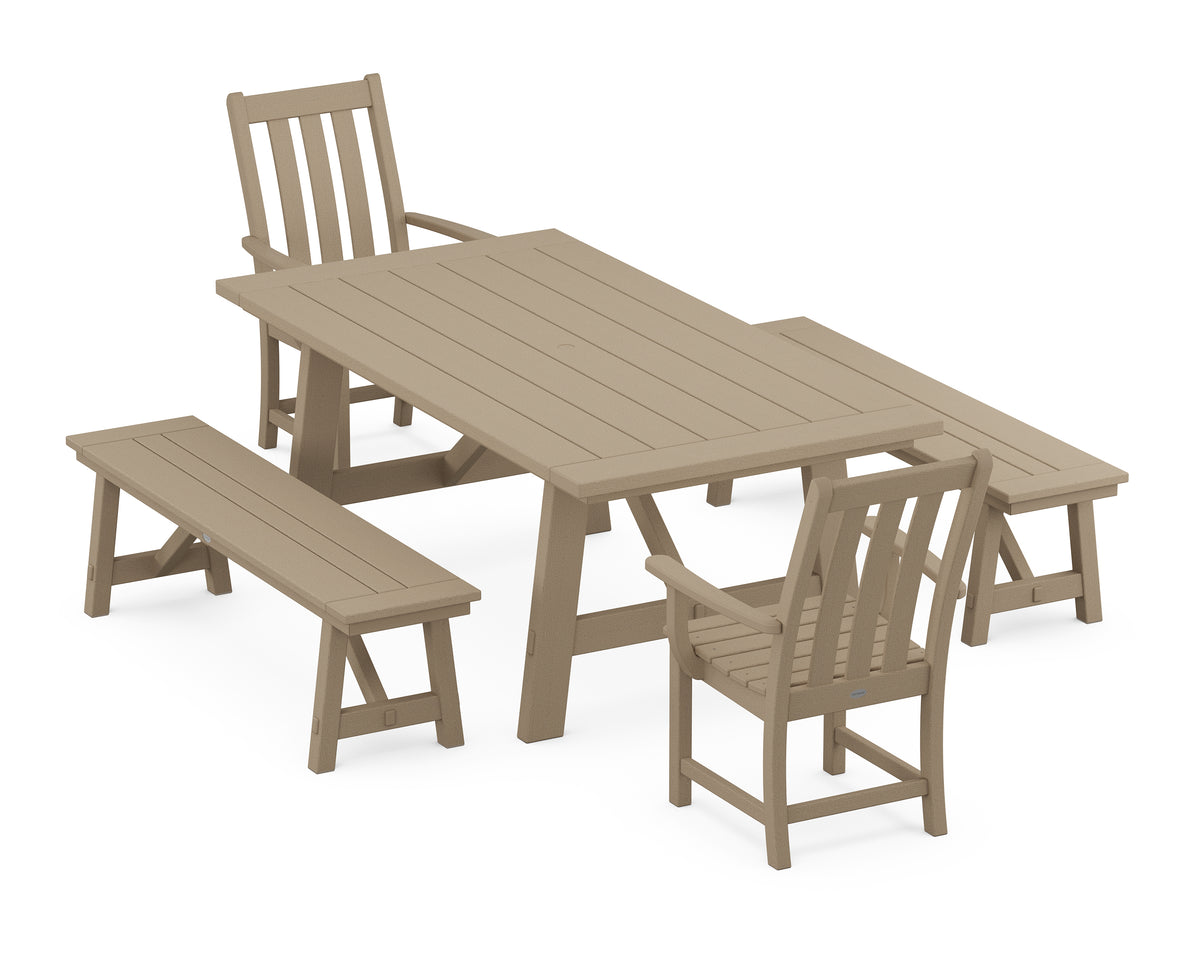 POLYWOOD Vineyard 5-Piece Rustic Farmhouse Dining Set with Benches in Vintage Sahara