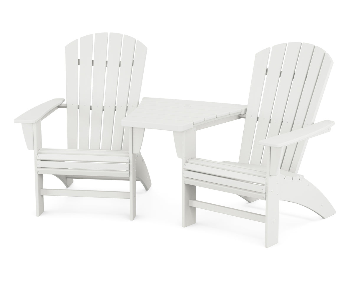 POLYWOOD Nautical 3-Piece Curveback Adirondack Set With Angled Connecting Table in Vintage White