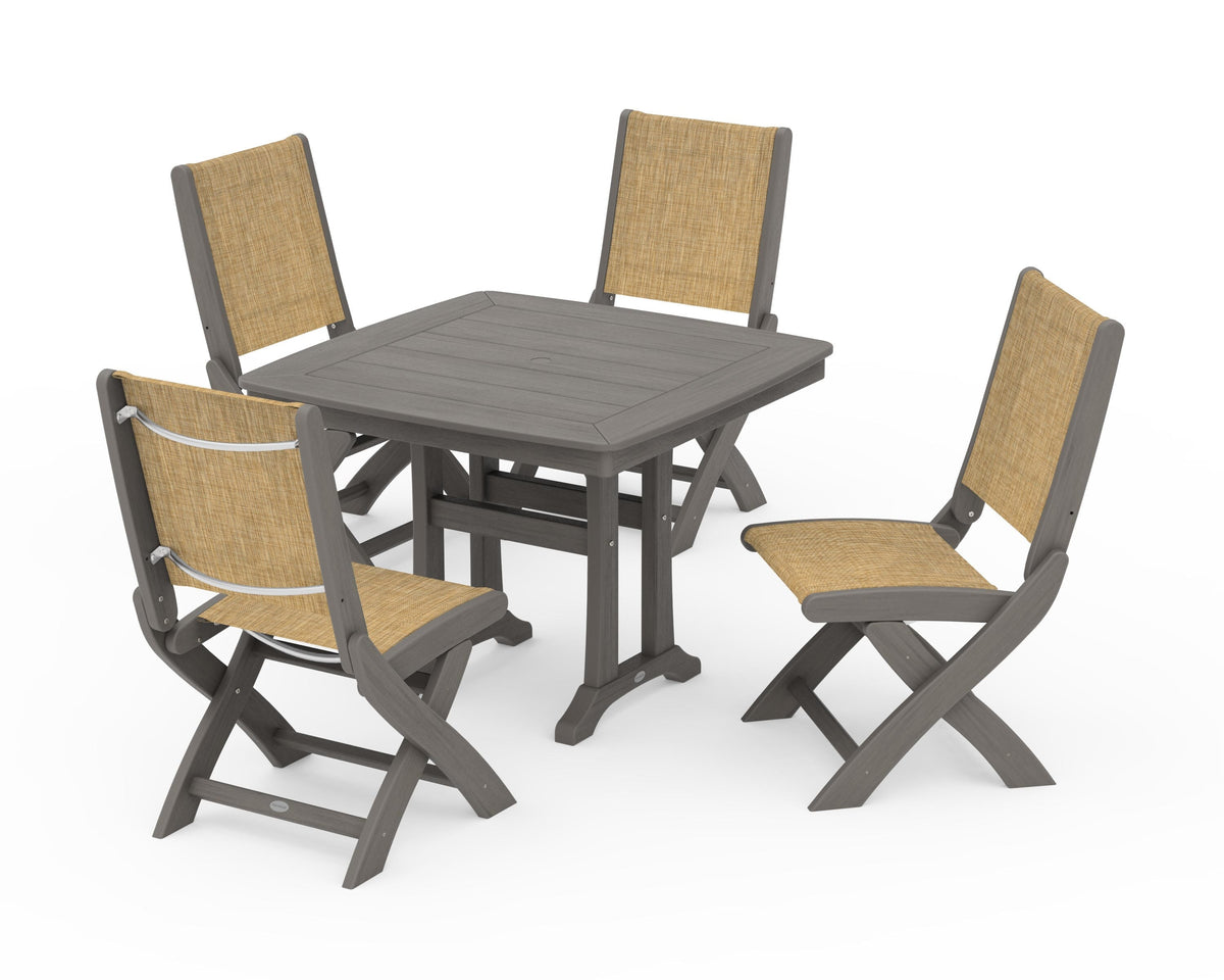 POLYWOOD Coastal Folding Side Chair 5-Piece Dining Set with Trestle Legs in Driftwood / Burlap