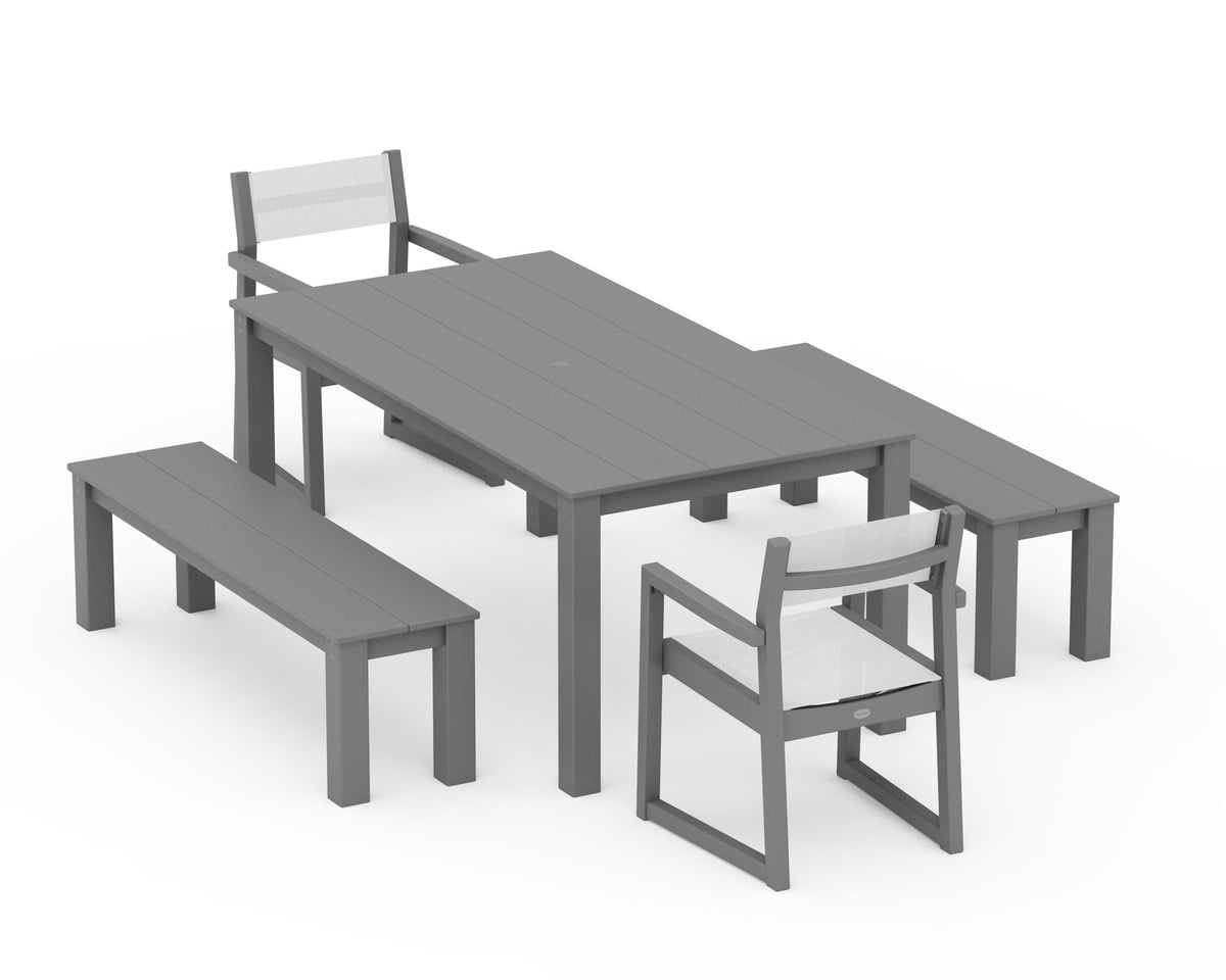 POLYWOOD EDGE Sling Arm Chair 5-Piece Parsons Dining Set with Benches in Slate Grey / White