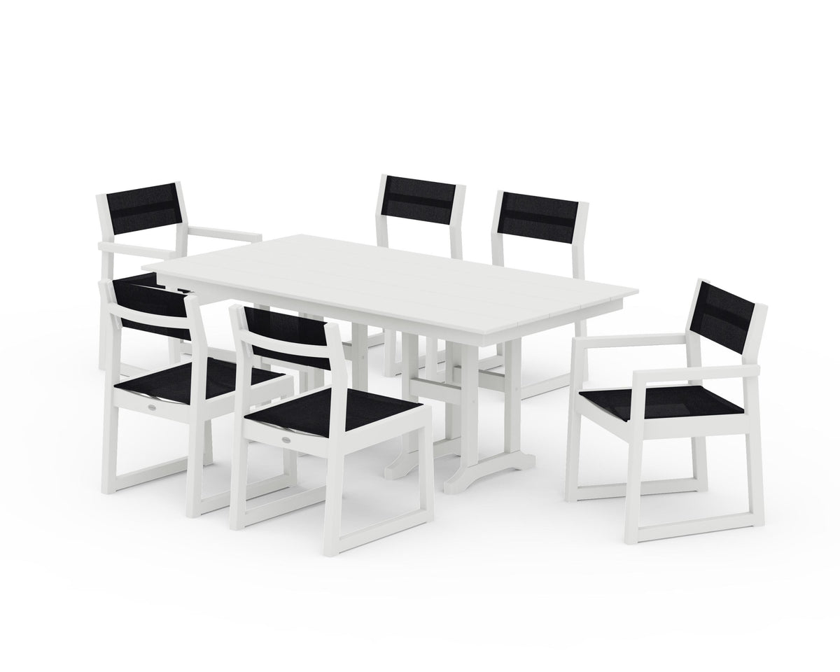 POLYWOOD EDGE Sling 7-Piece Farmhouse Dining Set in Vintage White / Black