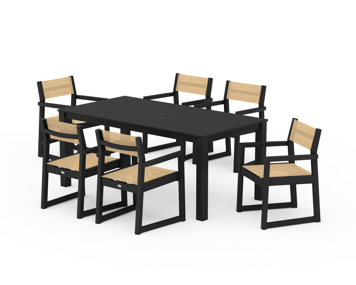 POLYWOOD EDGE Sling Arm Chair 7-Piece Parsons Dining Set in Black / Dupioni Apricot