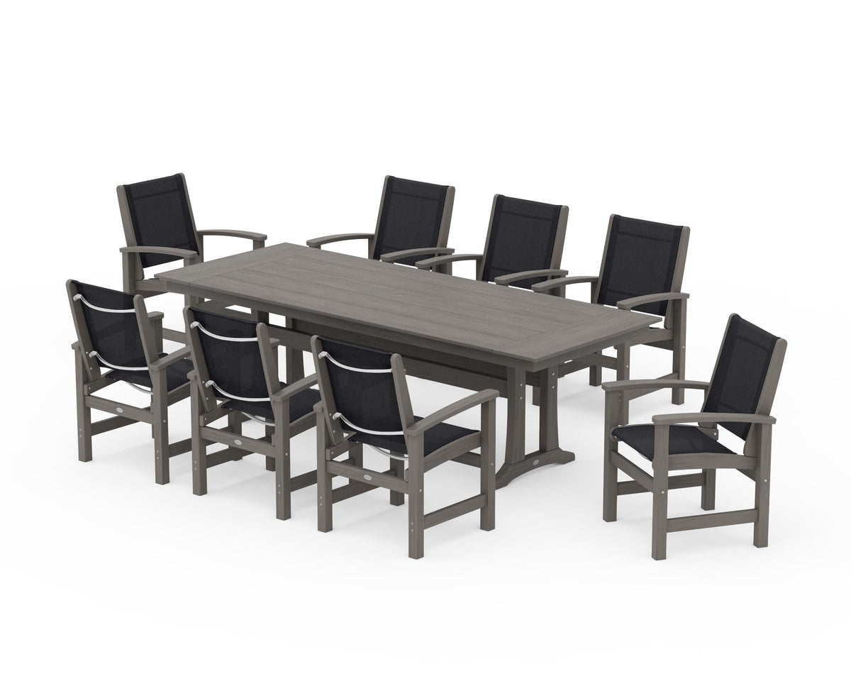 POLYWOOD Coastal 9-Piece Farmhouse Dining Set with Trestle Legs in Driftwood / Black