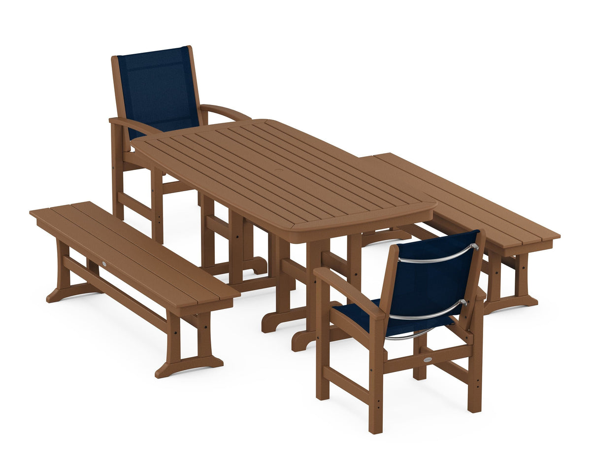 POLYWOOD Coastal 5-Piece Dining Set with Nautical 37" x 72" Dining Table in Teak / Navy Blue