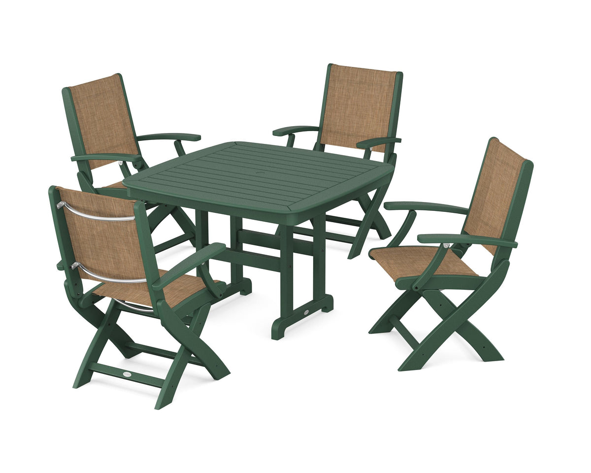 POLYWOOD Coastal Folding Chair 5-Piece Dining Set with Nautical 44" Dining Table in Green / Burlap