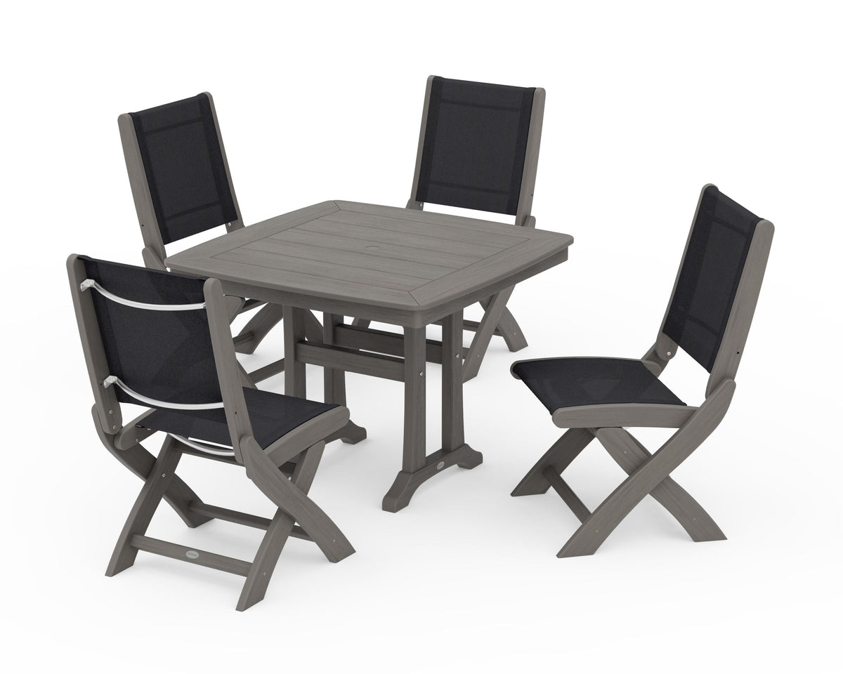 POLYWOOD Coastal Folding Side Chair 5-Piece Dining Set with Trestle Legs in Driftwood / Black