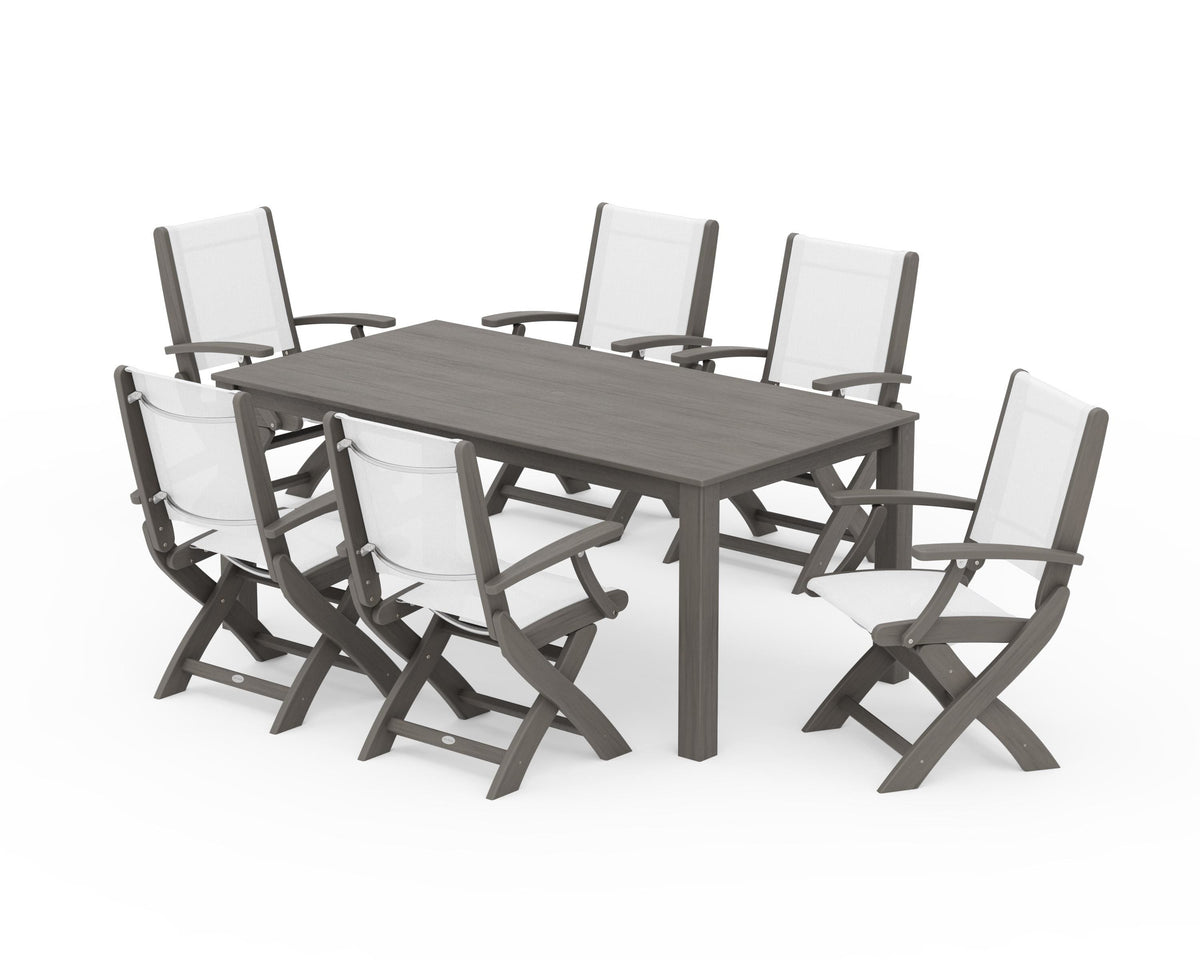 POLYWOOD Coastal Folding Chair 7-Piece Parsons Dining Set in Driftwood / White