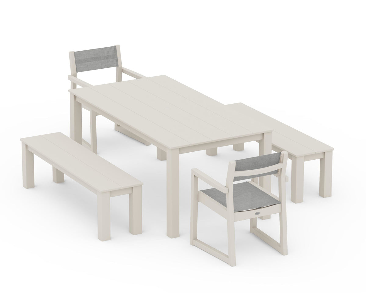 POLYWOOD EDGE Sling Arm Chair 5-Piece Parsons Dining Set with Benches in Sand / Metallic