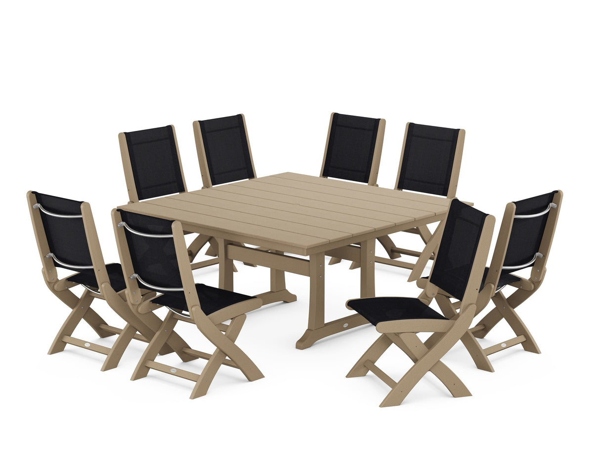 POLYWOOD Coastal Folding Side Chair 9-Piece Farmhouse Dining Set in Vintage Sahara / Black