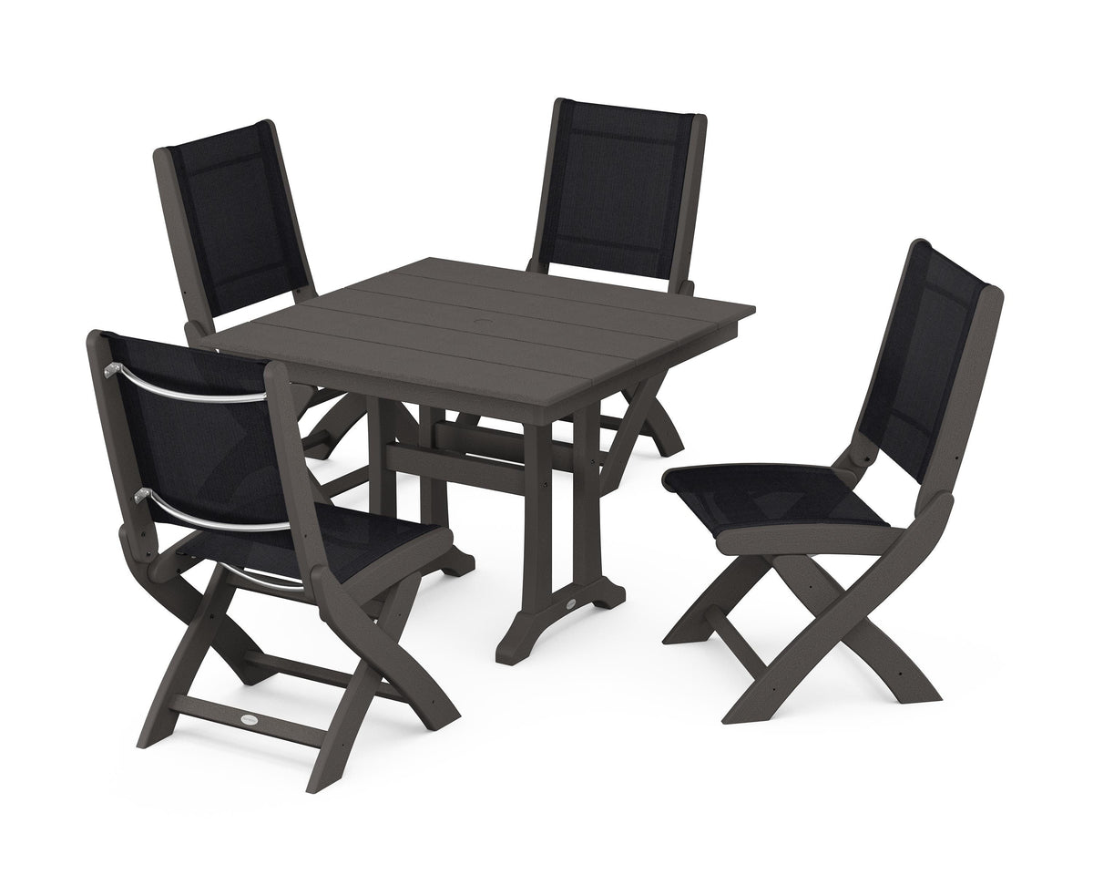 POLYWOOD Coastal Folding Side Chair 5-Piece Farmhouse Dining Set With Trestle Legs in Vintage Coffee / Black