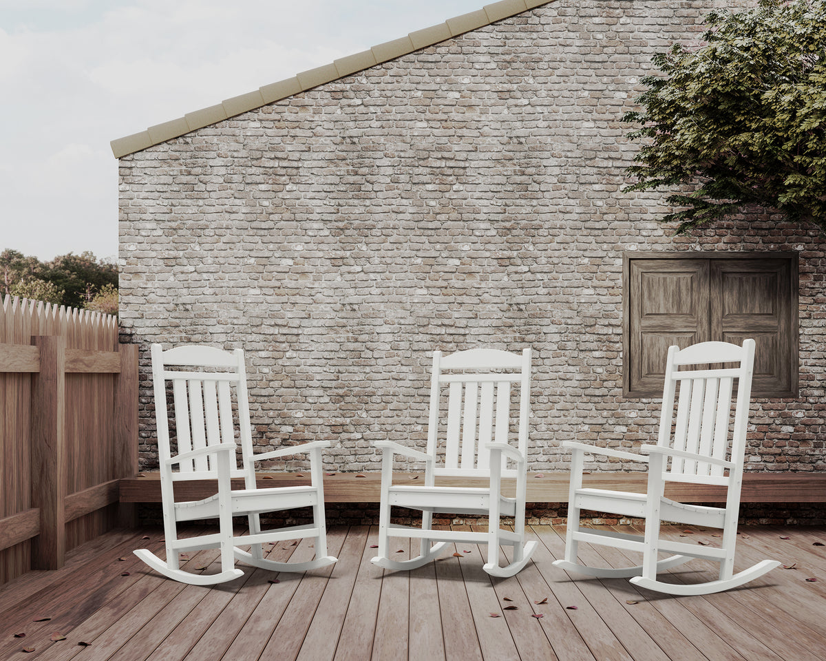 POLYWOOD Presidential Rocking Chair in White in an outdoor setting